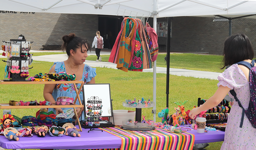 Vendor booth with colorful bags & dolls. 
