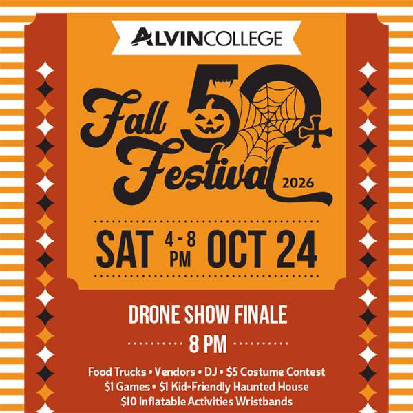 FallFest26 Text announces “Fall Festival 2026,” followed by “Sat., Oct. 24, 4–8 p.m.” Highlights a “Drone Show Finale” at 8 p.m. Additional details list food trucks, vendors, a DJ, a $5 costume contest, $1 games, a $1 kid-friendly haunted house, and $10 inflatable activity wristbands.